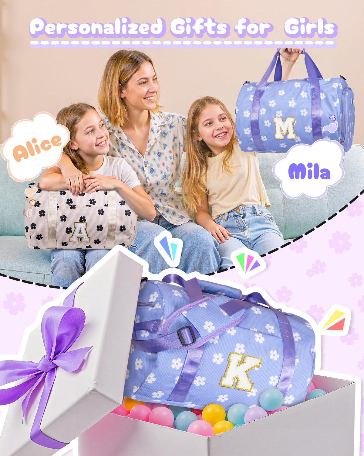 Vogewood Daughter Gift from Mom, Girls Gym Bag, Kids Personalized Dance Bags with Shoe Compartment, Customized Travel Duffle with Toiletry Bag, Perfect for Sleepovers or Trips (Letter C)