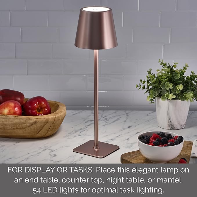 Mikasa 14.8-Inch Blush Rechargeable LED Lamp with Touch Control - Elegant Aluminum Design, 3 Light Colors, Stepless Dimming, 5000mAh Battery, Perfect for Home Office and Living Room