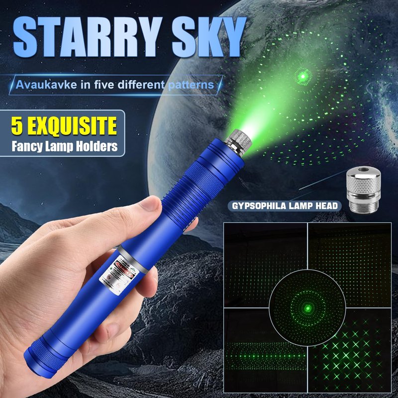Long Range Green High Power Laser Pointer, Laser Pointer High Power with 5 Pcs Star Cap for Astronomy, Architecture, Outdoor Adventures
