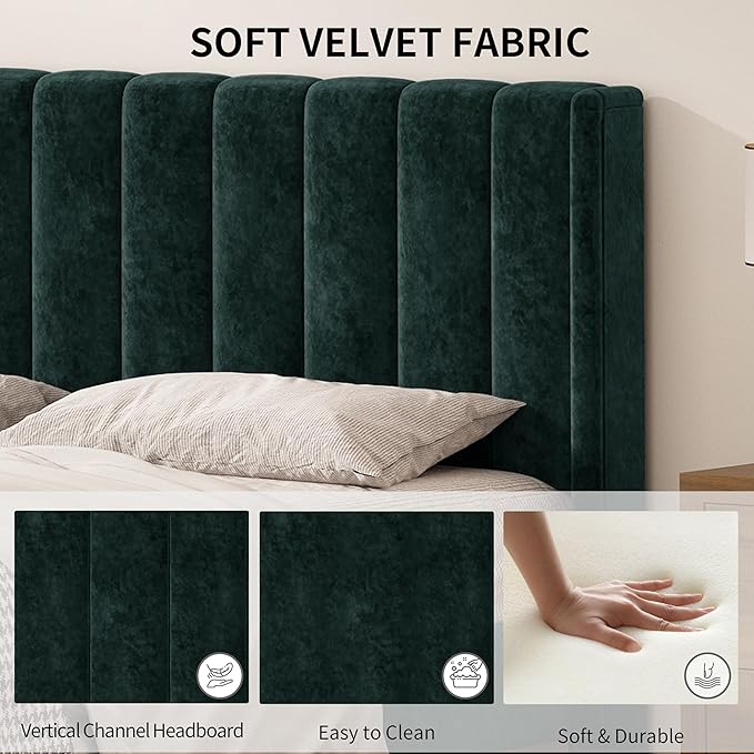 Twin Size Upholstered Platform Bed Frame with Modern Wingback & Vertical Panel Headboard, Velvet Fabric, Wooden Legs & Slats Support, No Box Spring Needed, Noise-Free & Easy Assembly, Ink Green