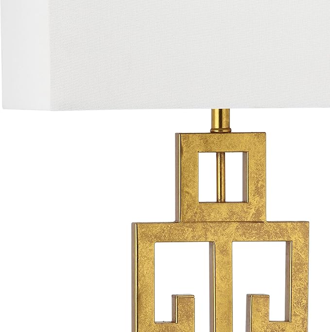 SAFAVIEH Lighting Collection – Greek Key Table Lamp Set of 2 – Antique Gold Metal Base with White Fabric Shade, LED Bulbs Included, 29-Inch Bedroom Living Room Desk Lamps (LIT4305A-SET2)