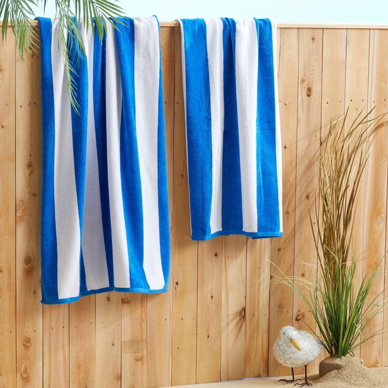 Market & Place 100% Cotton Velour Cabana Stripe Beach Towel Set 30" x 60" - Ultra Soft, Plush, & Highly Absorbent Towels for Pool, Beach, & Swimming. Marina Collection (4-Pack, Royal Blue)