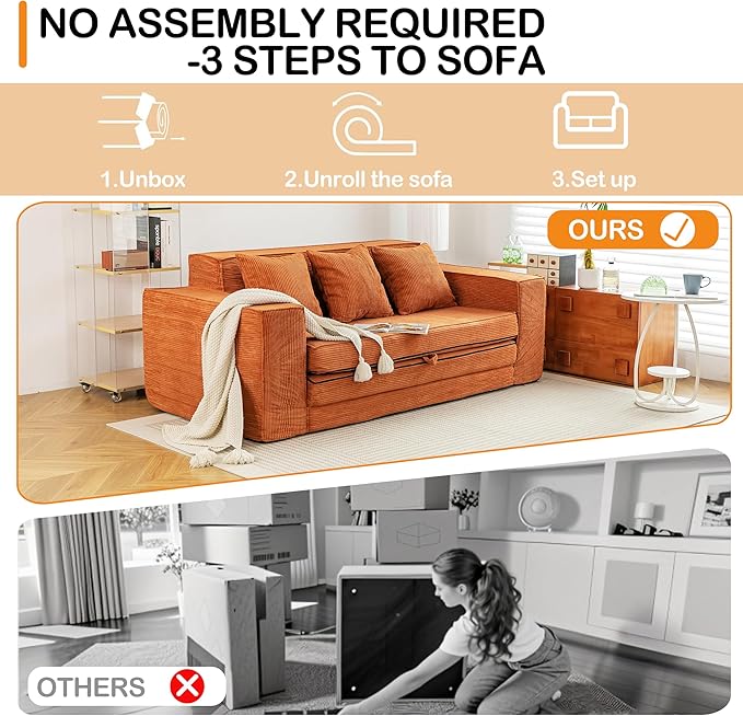 HOMREST Convertible Memory Foam 3-seat Sofa & Loveseat, Pull Out Sleeper Sofa Bed, 2 in 1 Folding Couch Bed, Fold Out Floor Couch Corduroy Fabric with Pillows for Living Room Bedroom Lounge(Brown)