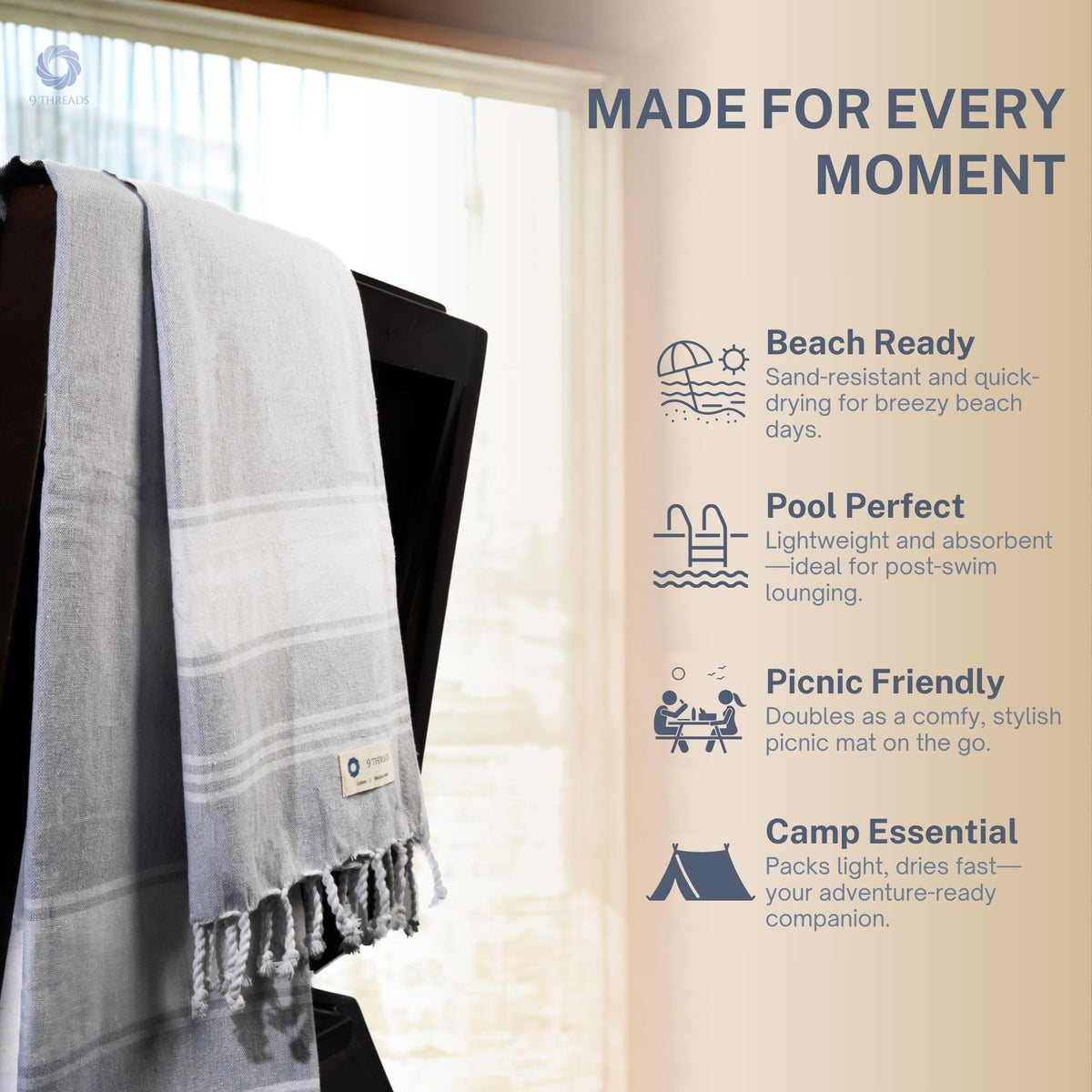 9Threads Cotton Turkish Beach Towel with Towels Oversized 36"x72" Pool Absorbent Extra Large Quick Dry Sand Travel Towel (Light Grey, 2 Pack)