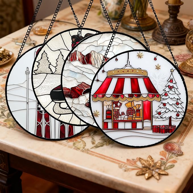 Stained Glass Window Hanging 4 Pcs Set Winter Skiing Red Christmas House 9.8" - Suncatcher Door Garden Sun Catcher Decor Birthday Mother's Day for Mom Woman Nana Friend