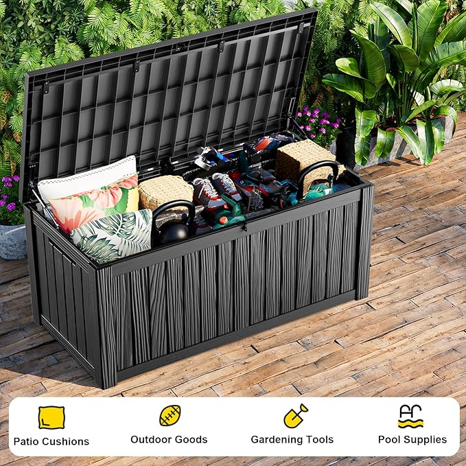 120 Gallon Outdoor Storage Box Waterproof, UV Resistant Resin Deck Box with Hydraulic Rod, Reinforced Stability for Patio, Garden, and Pool, Striped Black