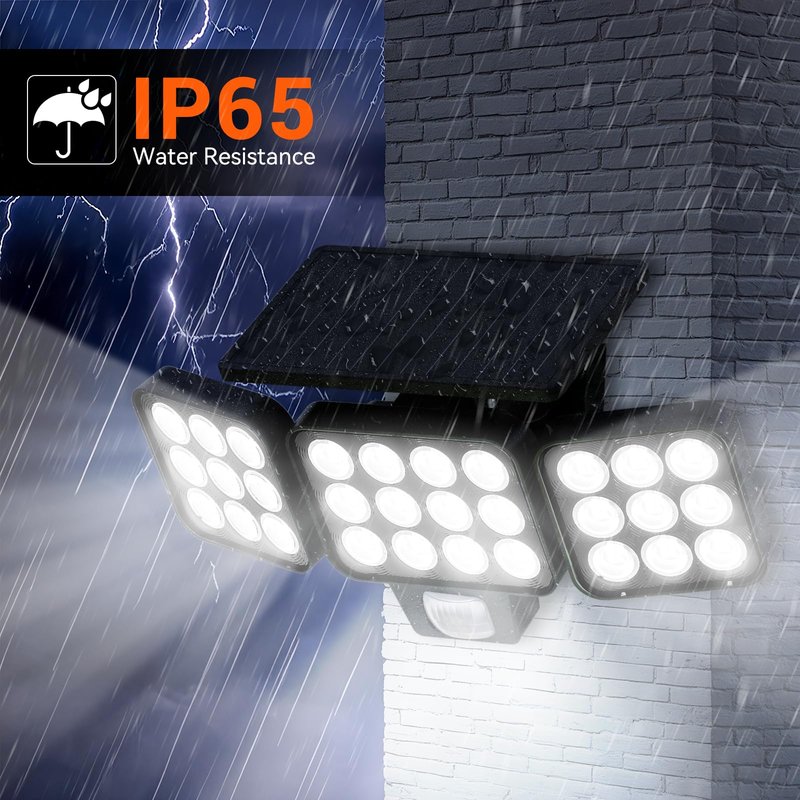 WdtPro Solar Lights Outdoor Flood Light, 3500LM Bright Motion Sensor Outdoor Lights, 3 Heads & Upgrade Glass Panel, LED Solar Powered Security Light Spotlights Waterproof for Outside Yard-2Pack