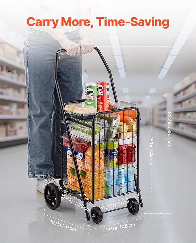 VEVOR Shopping Cart, Folding Grocery Utility Cart with Swivel Wheels, 90 LBS Large Load Capacity, Heavy Duty Rolling Laundry Basket Butler for Laundry, Shopping, Camping, Grocery, Luggage, Black