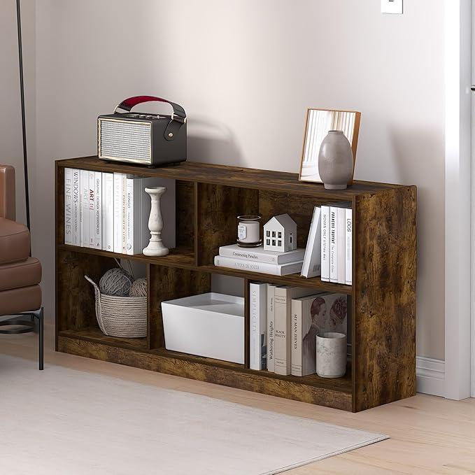 Furinno DALY Book Shelf, 5-Cube Bookshelf, Horizontal Cube Storage Organizer Bookcasde, 10.9 x 47.2 x 23.6, for Living Room, Bedroom, Home Office, Amber Pine