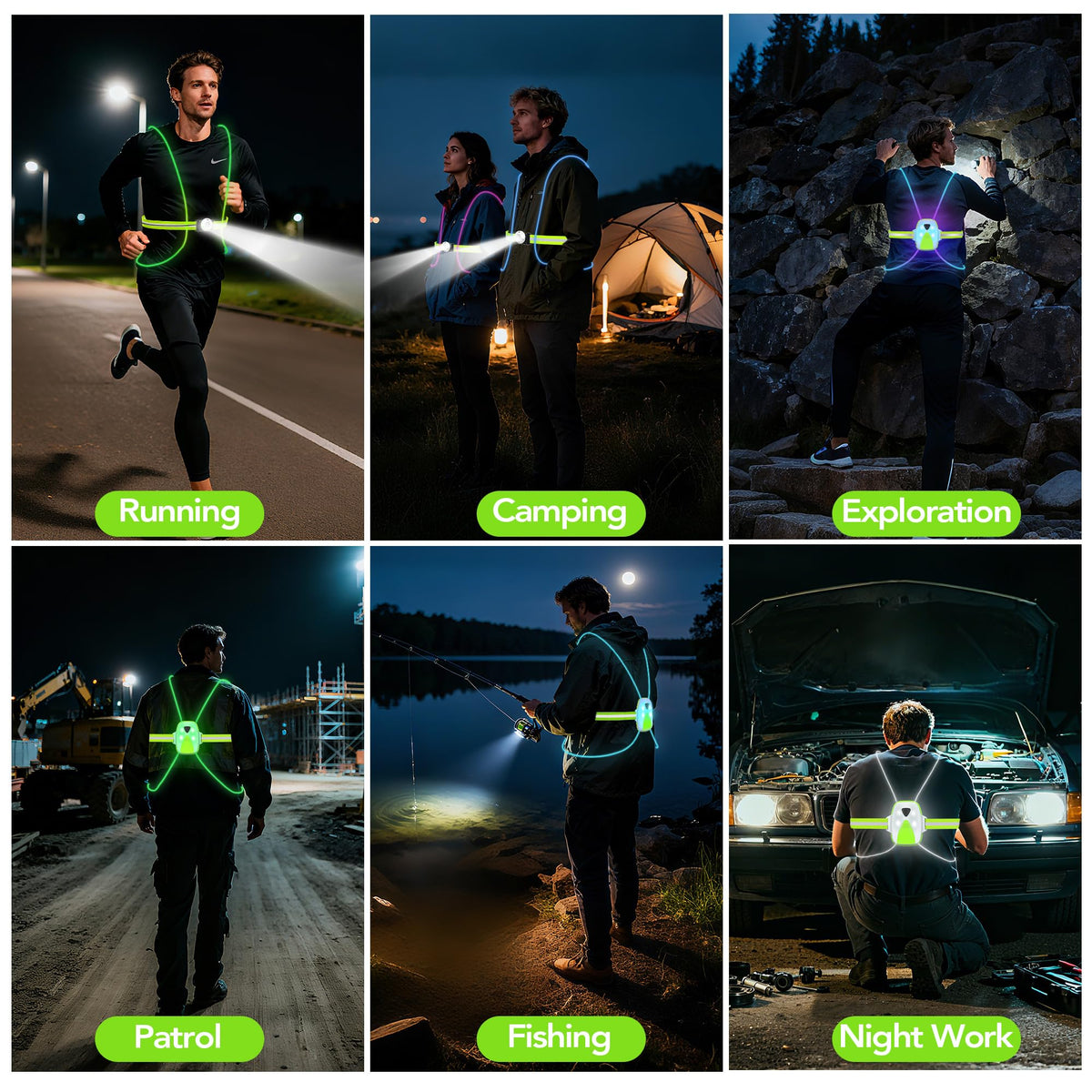 LED Reflective Running Vest Lights for Runners, Running Lights with Front Light, Safety USB Rechargeable Reflective Night Lights For Men/Women Running Walking Cycling, Three Light Modes with 7 Colors