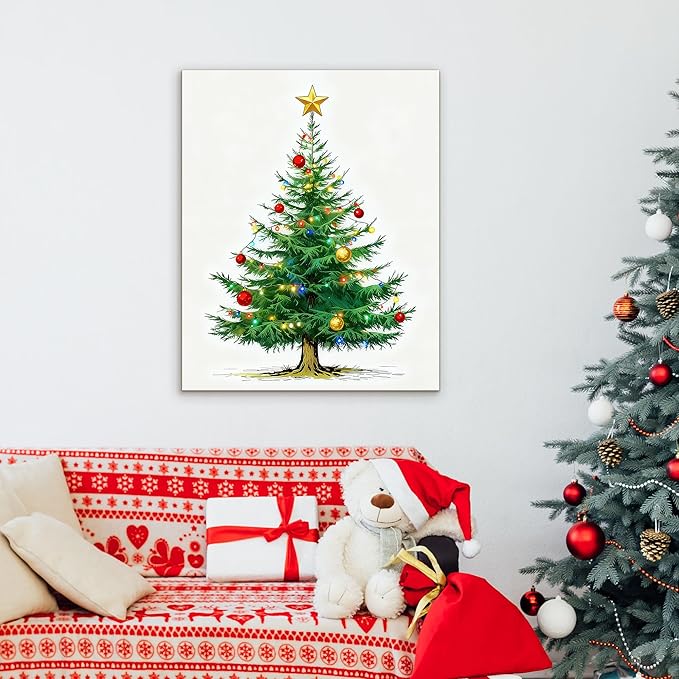 Framed Christmas Pictures Wall Decor,Vintage Pine Tree Prints,Winter Christmas Canvas Wall Art Decoration for Bedroom Bathroom Living Room Rustic Xmas Holiday Gifts (Christmas Tree 7, 24'' X 36'')