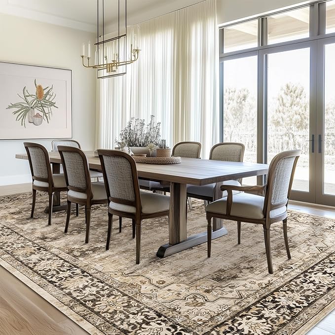 Hazel Brown 8x10 Area Rugs for Living Room Washable Non Slip Boho Rugs Soft Faux Fur Low Pile Stain Resistant Vintage Euro Floral Large Carpet Rug Aesthetic Retro for Bedroom Dining Room Family Room