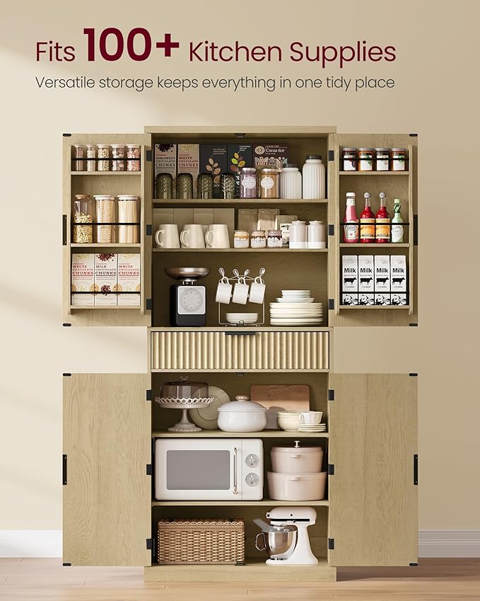 VASAGLE MAXE Collection - Pantry Cabinet, 70.6-Inch Tall Storage Cabinet with Drawer, 6 Adjustable Shelves, 2 Cabinets, Fluted Doors, Mid Century Modern, for Kitchen Living Room, Oak Beige UBBK365Y01