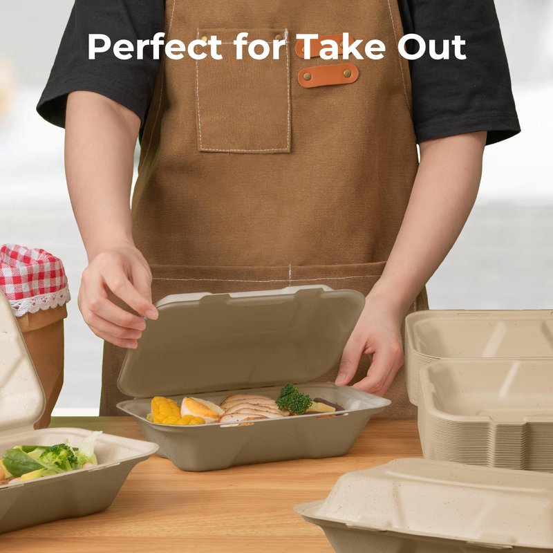 Fit Meal Prep 100 Pack 9x6 Compostable To Go Food Containers, Disposable To Go Boxes for Food, Lunch Boxes, Clamshell Take Out Containers with Lids, Eco Friendly Biodegradable, PFAS-Free, Bagasse