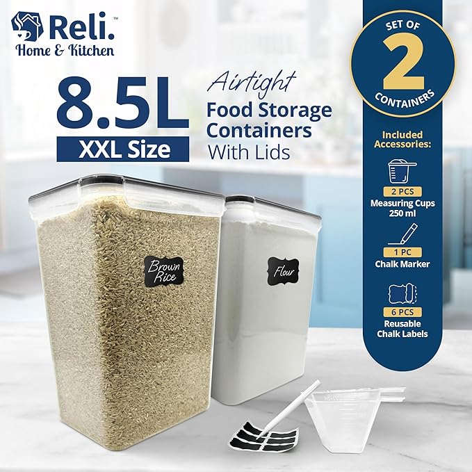 Reli. Airtight Food Storage Containers Stackable 8.5L Flour Sugar (2 Pack)