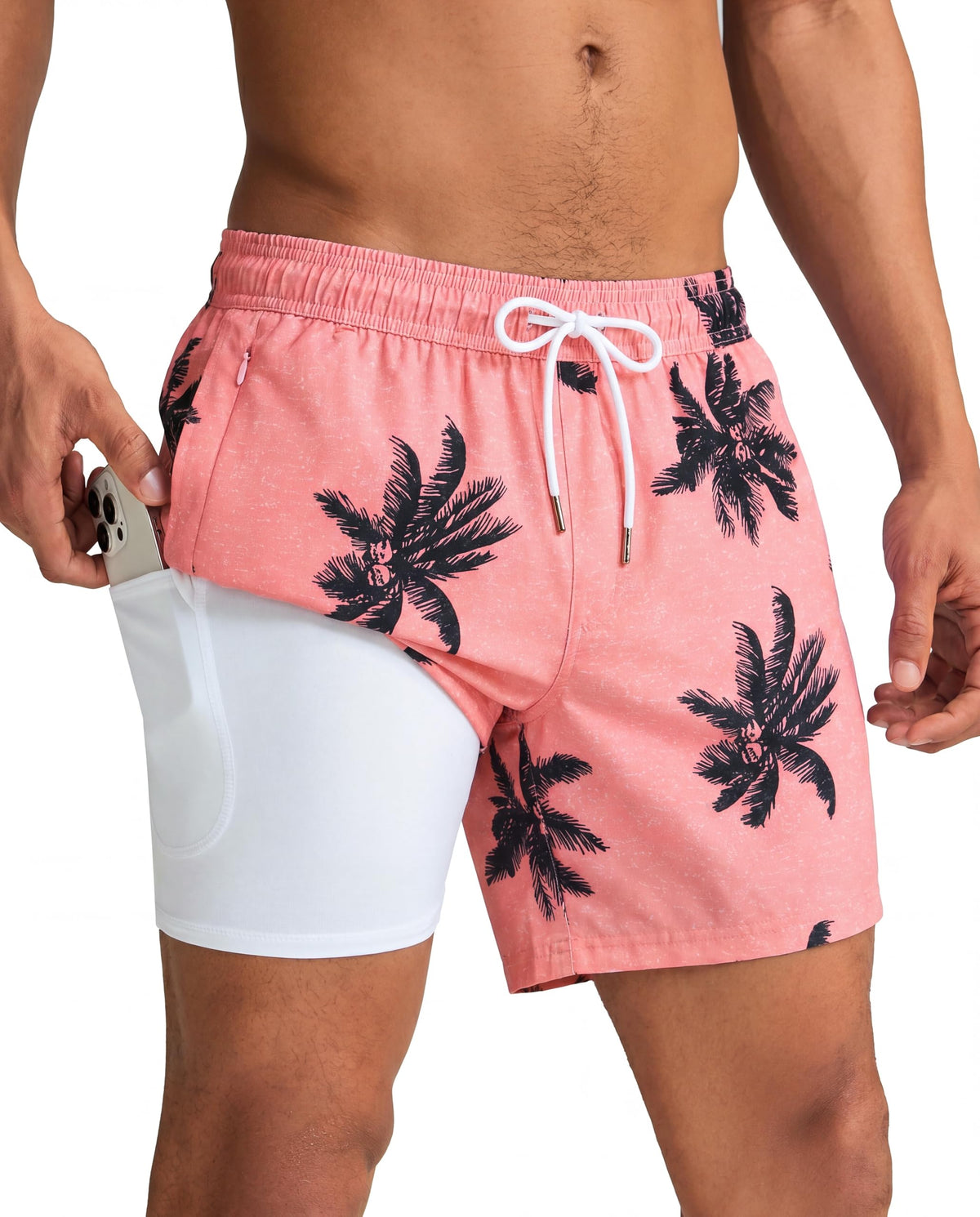maamgic Mens Swim Trunks with Compression Liner 5 Inch, Quick Dry Bathing Suit with Zipper Pockets, Stretch No-Chafing Swim Shorts, Pink-Palm Tree X-Small