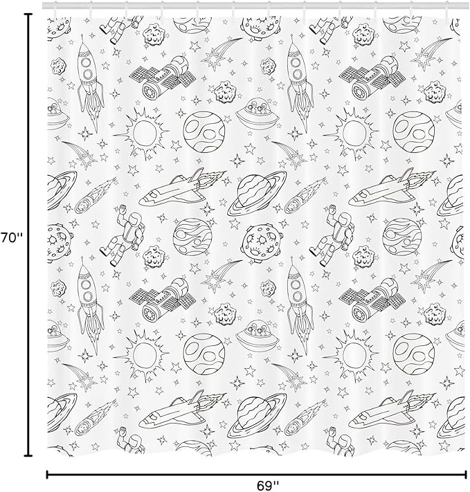 Ambesonne Cartoon Shower Curtain, Doodle Solar System Astronauts Space Crafts Shooting Stars Science Fiction Theme, Cloth Fabric Bathroom Decor Set with Hooks, 69" W x 70" L, White Ink