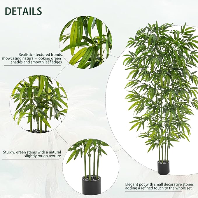 Artificial Tree Fake Plants, Artificial Bamboo Tree 7FT Tall in Black Potted, Artificial Tree Indoor Decor Bamboo Silk Tree with Natural Wood Trunk, for Home Office Living Room Modern