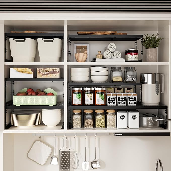Jojocross Adjustable Stackable Metal Storage Shelf Organizer - Expandable Wire Rack with Perforations for Kitchen, Pantry, Bathroom, Cabinet & Office-Compact, Durable & Sturdy (2PACKS/Medium/Black)