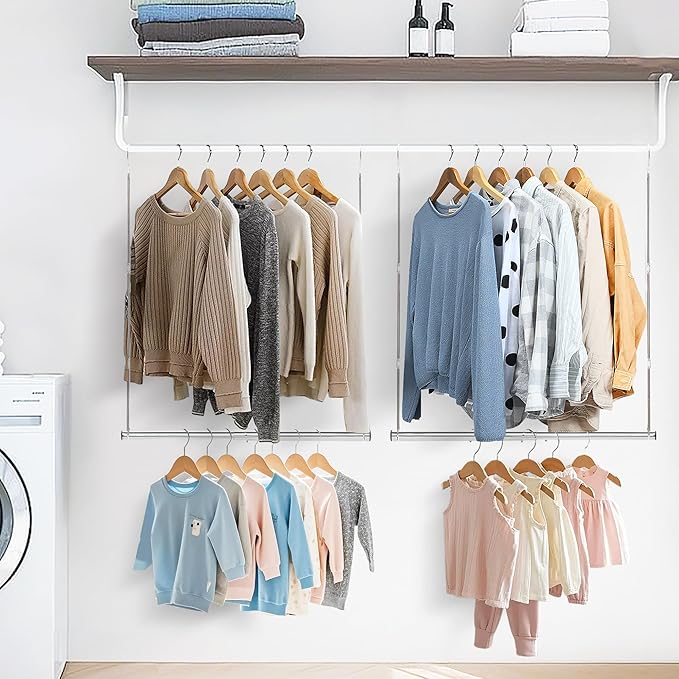 STORAGE MANIAC Hanging Closet Rod, Adjustable Width and Height Closet Hanging Organizer, Space-Saving Clothes Hanging Bar, Closet Extender Hanging Rod Double Closet Hanging Rod, 1 Pack Chrome