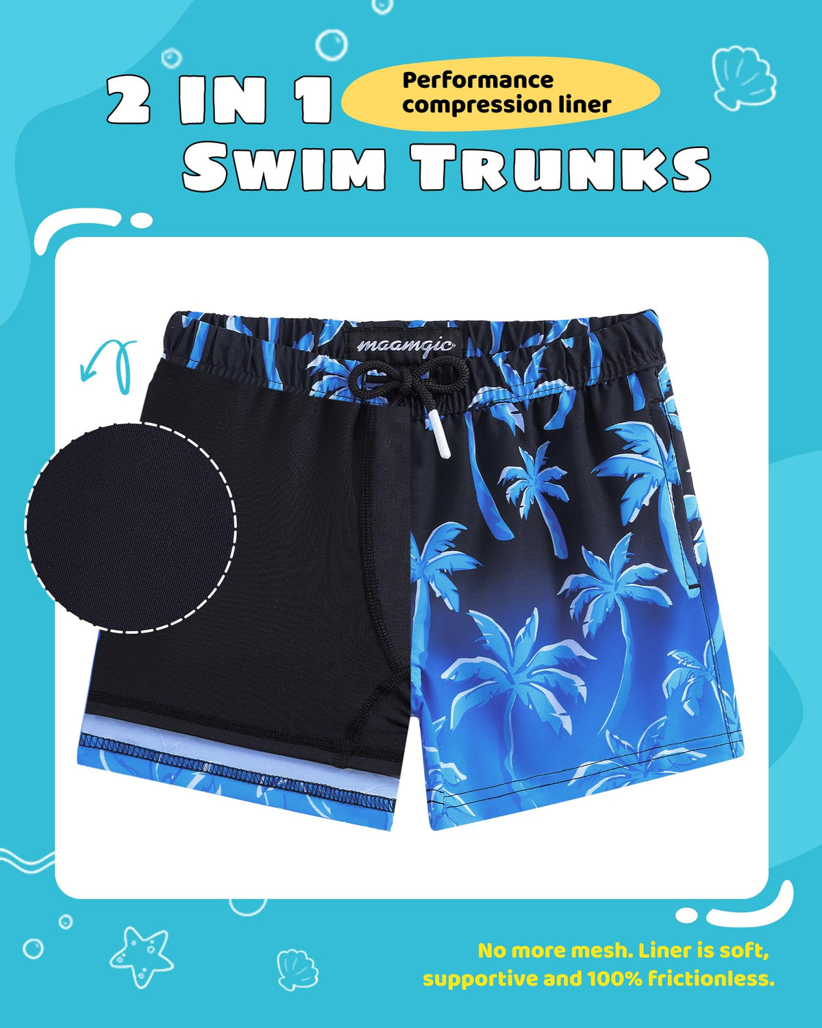 maamgic Boys Swim Trunks with Compression Liner Toddler Stretch Swim Shorts Quick Dry Swimming Trunks Boxer Brief 2 in 1 Beach Shorts Blue Coconut Tree 5/6