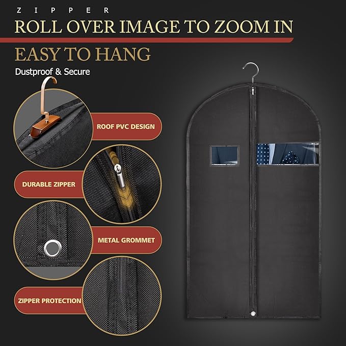 Hleelomi 5 Pack 40-inch Suit Bag Garment Bag for Travel and Storage, Garment Bags for Hanging Clothes with Zipper and Visible Transparent Window, Black