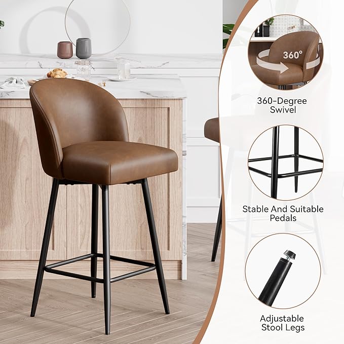 Counter Height Bar Stools Set of 2,360° Swivel Barstools with High Back and Metal Legs,26" Seat Height, Upholstered PU Leather Bar Chairs for Kitchen Island, Dining Room,Cafes,Brown