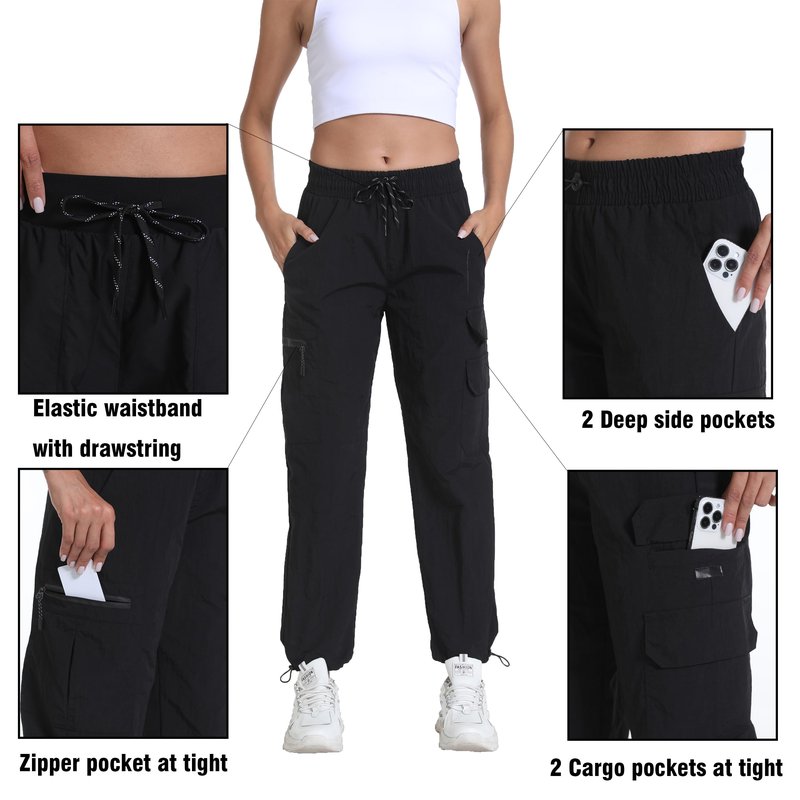 Womens Hiking Pants Water Resistant - Cargo Joggers for Women with Pockets Lightweight Quick Dry Travel Camping Pants(Cargo Dark Black, Medium)
