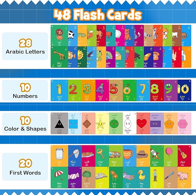 48 Arabic Flash Cards for Kids,Toddler,Beginners Adult,Learn Arabic Alphabet Letters,Number,Color,Shape & Sight Words,Educational Toys with English Transliteration for Classroom & Homeschool