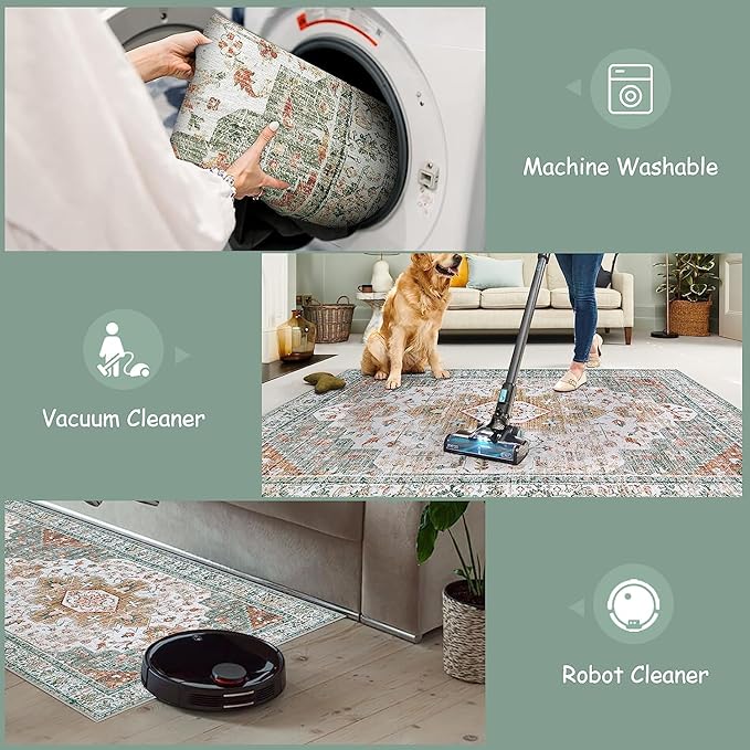 Moynesa Ultra-Thin Washable Area Rug 8x10, Large Living Room Rugs for Bedroom Under Dining Room Table, Vintage Oriental Medallion Printed Low Pile Carpet for Home Office Decor, Beige/Gold