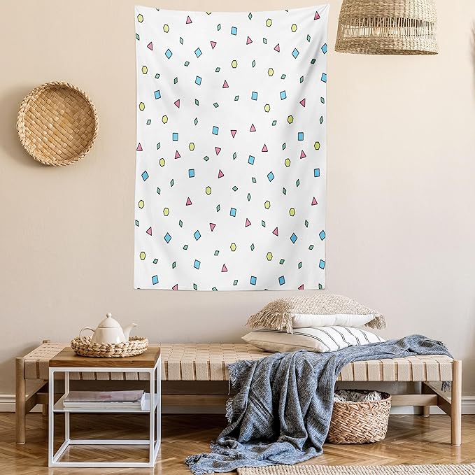 Ambesonne 90s Tapestry, Colorful Mosaic Pattern with Geometric Shapes in Memphis Style Doodle Print, Wall Hanging for Bedroom Living Room Dorm Decor, 40" X 60", Blue Green