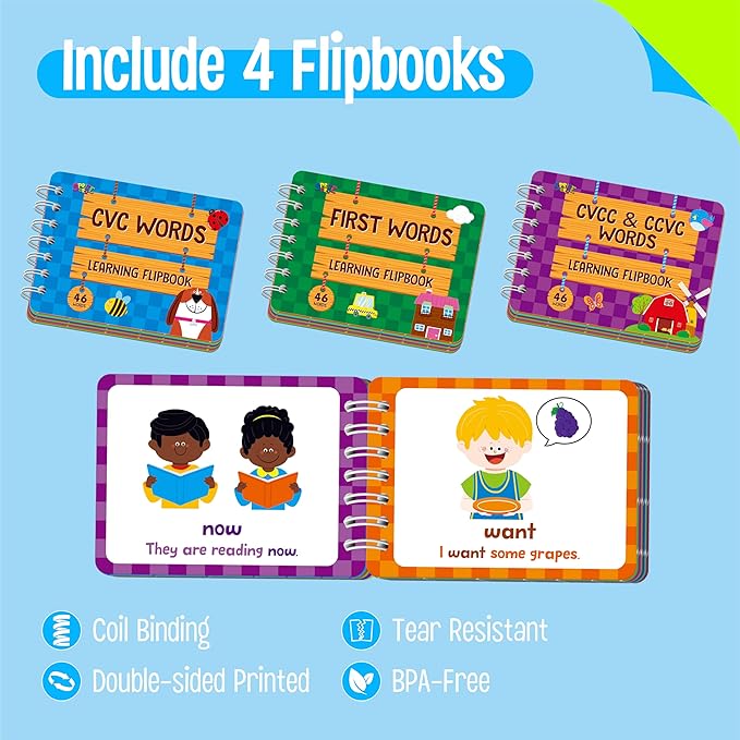 4 Kindergarten Learning Flipbooks, Double-Sided Mini Book Set - CVC, CVCC&CCVC, Sight Words & First Words, Early Educational Language Learning Tool for Kids