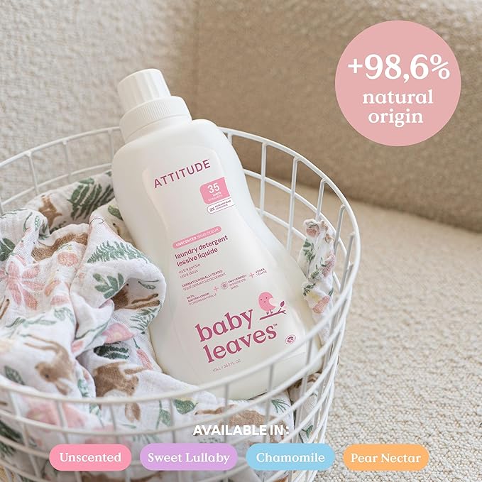Bundle of ATTITUDE Baby Laundry Detergent and Fabric Softener, Plant and Mineral-Based Ingredients, HE Compatible, Vegan and Cruelty-free Laundry and Household Products, Pear Nectar, 33.8 Fl Oz