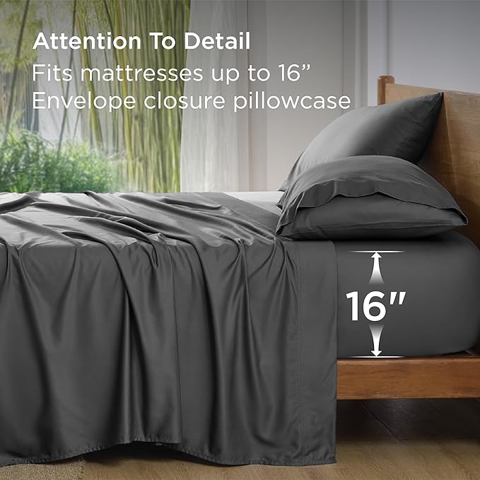 Bedsure Queen Sheet Set, Rayon Derived from Bamboo, Cooling Sheets, Breathable & Soft, Deep Pocket Up to 16 Inches, Hotel Luxury Silky Bedding for Hot Sleepers, Grey