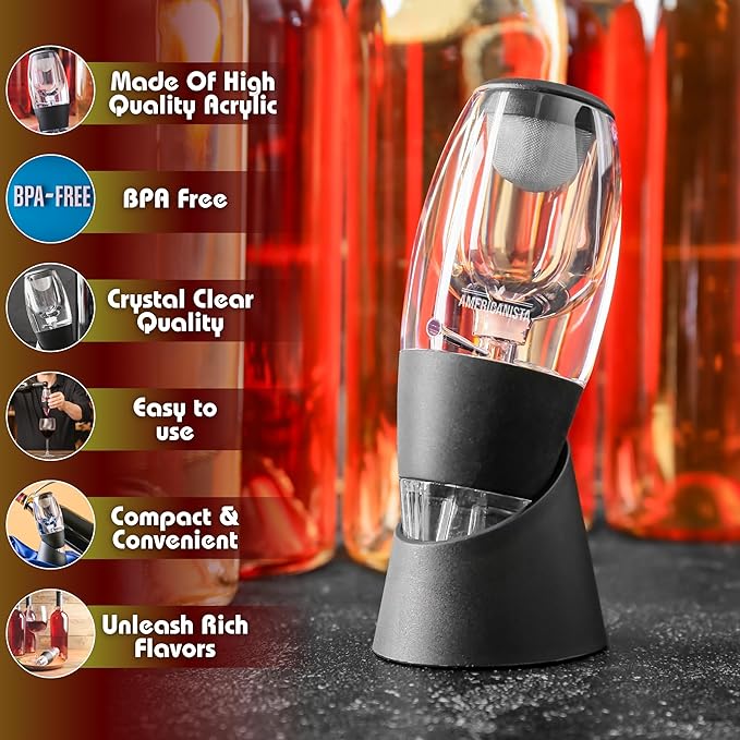 AMERICANISTA Red Wine Aerator- Wine Pourer- Decanter- Premium Wine Aerator with Stand - Decanter Aerating Spout with Filter for any type of Bottle or Glass- Oxygenator Accessory for Wine
