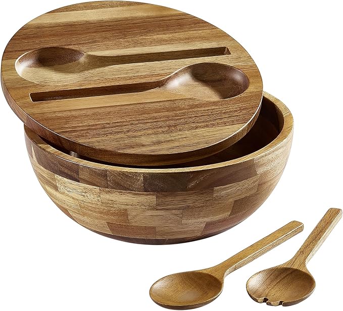 Wooden Salad Bowl, Salad Bowls, 11.8" Large Salad Bowl with Serving Utensils, Big Wood Serving Bowls for Food, Fruits, Salad, Cereal, Corn flake, Pasta