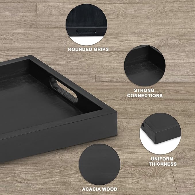 Black Acacia Wooden Rectangular Serving Tray with Handles, Set of 2 (15"x11"), Large Tray for Ottoman, Breakfast in Bed, Dinner, Coffee Table Decor & Kitchen