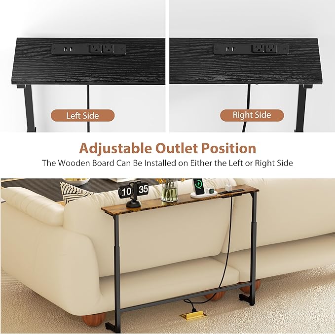 GRLEAF 39" Adjustable Height Narrow Console Table with Power Outlets, Long Sofa Table with Charging Station Behind Couch Table Skinny Entryway Table for Living Room, Hallway and Office – Black