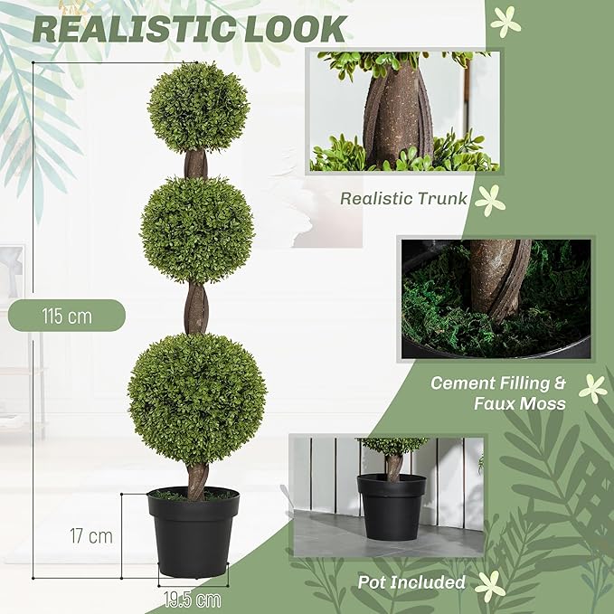 HOMCOM Artificial Plants, Set of 2 Decorative Topiary Ball-Shaped Boxwood Trees in Pots, Fake Plants for Home Indoor Outdoor Decor, 45.3 Inch, Green