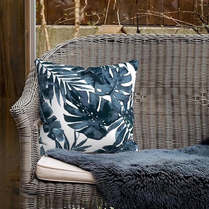 Outdoor Pillow Covers for Patio Furniture 20x20 Inch, Decorative Patio Throw Pillow Covers Set of 2, Modern Square Cushion Cases for Porch Garden Home Office, Palm Blue