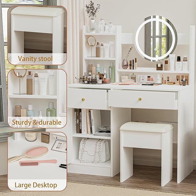 Vanity Table Set with Mirror and Adjustable Lights, Cushioned Chair, Make Up Desk for Bedroom, Elegant Dressing Table with 3 Color Lighting, 2 Drawers for Girls & Makeup Enthusiasts