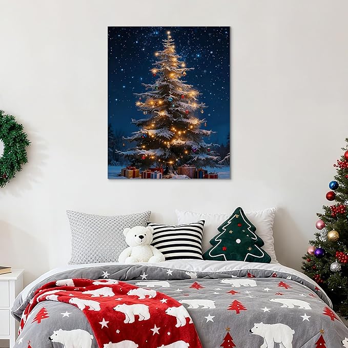 Framed Christmas Pictures Wall Decor,Vintage Pine Tree Prints,Winter Christmas Canvas Wall Art Decoration for Bedroom Bathroom Living Room Rustic Xmas Holiday Gifts (Christmas Tree 13, 20'' X 32'')