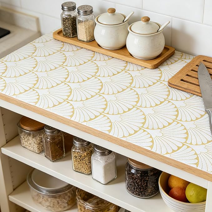 Shelf Liners Non Adhesive Gold Background White Fan-Shaped Pattern - Thickened Non-Slip Easy to Clean Drawer Liner for Kitchen Cabinets, Tool Box,Refrigerator,with Knife & Tape Measure,12in x 20FT.