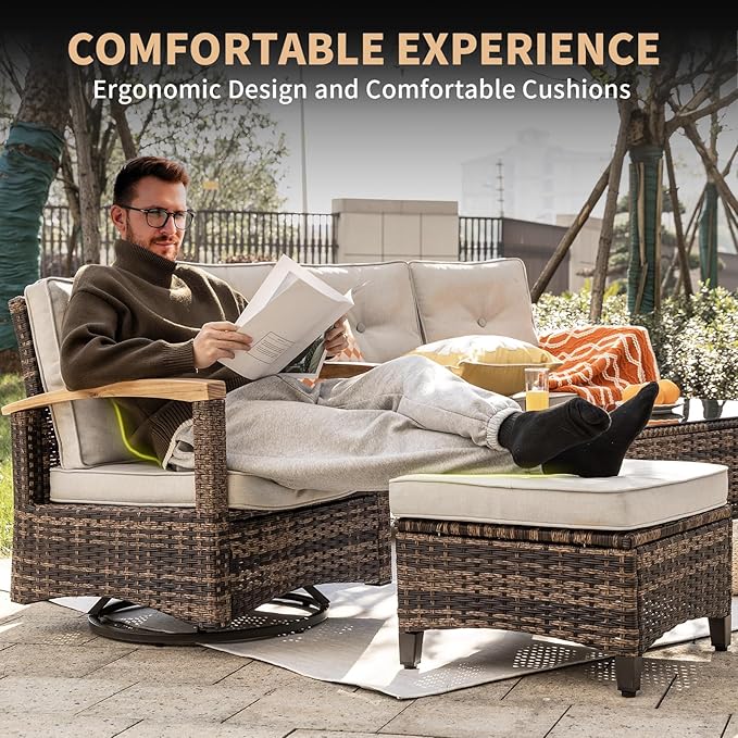 MEISSALIVVE 7 Pieces Patio Furniture Sets,PE Wicker Outdoor Conversation Sets with 2 Wood Armrests Swivel Rocker Chairs, 2 Ottoman, 2-seat Sofa and Coffee Table(Brown)
