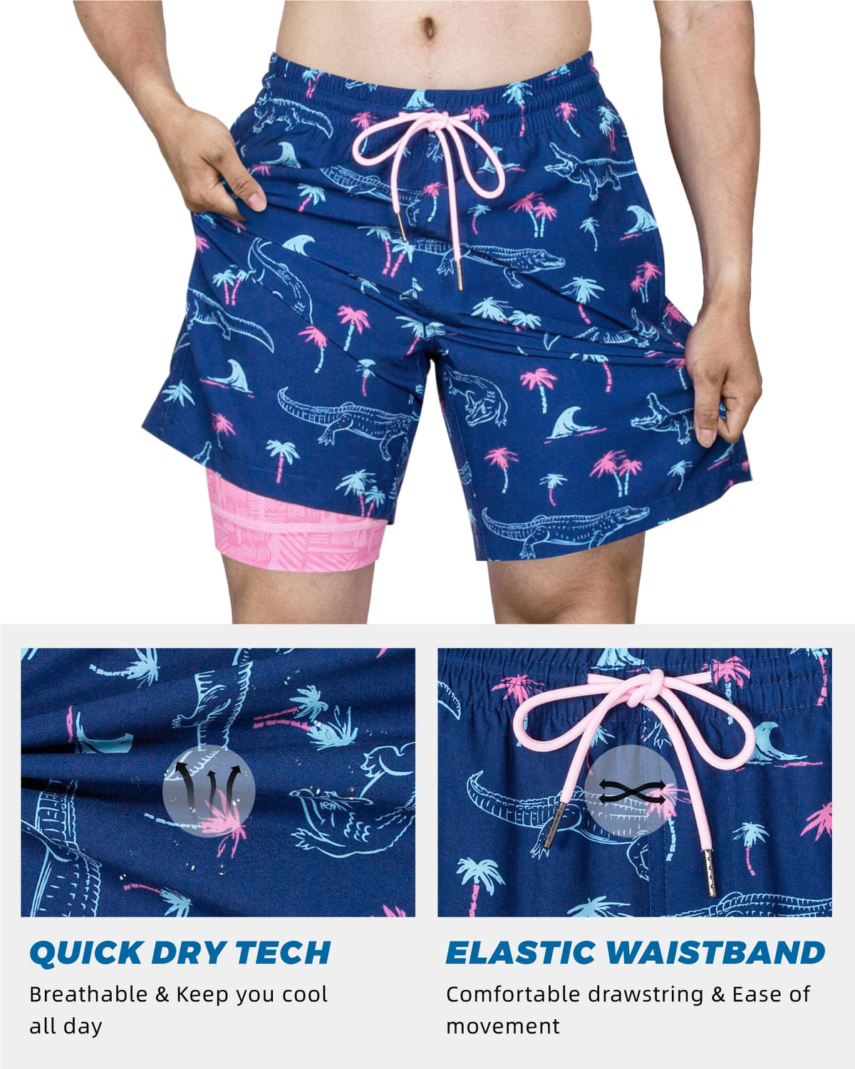 SURF CUZ Men's Neon Crocodile 7" Quick Dry Swim Trunks with Compression Liner, 2 Side Pockets, Drawstring, Adult, Men, Small, Crocodile