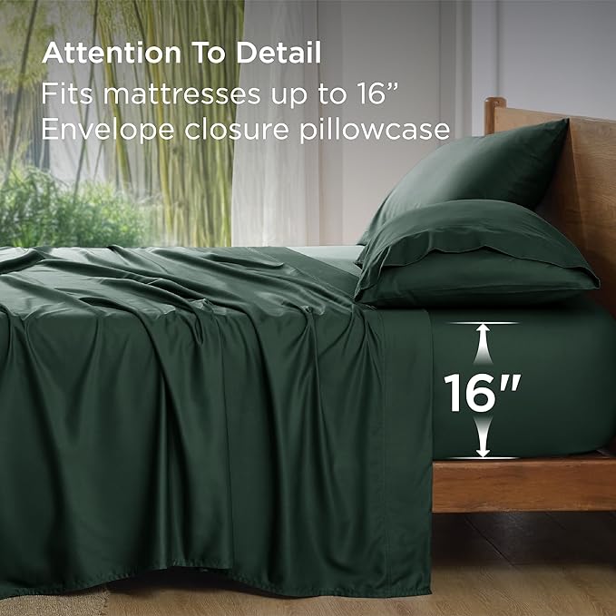 Bedsure Queen Sheet Set, Rayon Derived from Bamboo, Cooling Sheets, Breathable & Soft, Deep Pocket Up to 16 Inches, Hotel Luxury Silky Bedding for Hot Sleepers, Forest Green