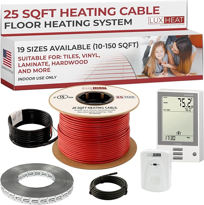 25sqft Floor Heating Cable Kit - 120v Heated Tile Floor Kit - Heated Flooring System Includes UDG Programmable Thermostat w/GFCI, Electric Heat Cable, Strapping, Flooring Sensor & Alarm