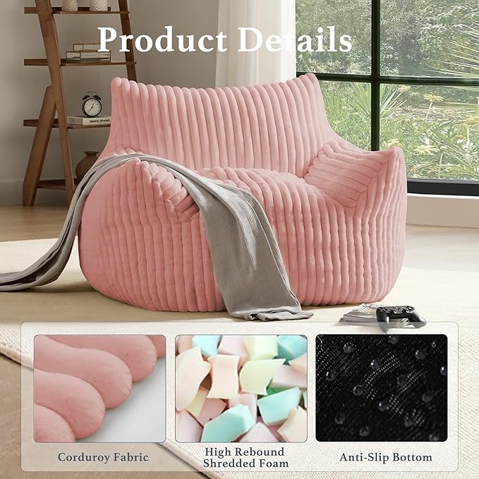 Giant Plush Bean Bag Chair for Adults with Armrests - Oversized Comfy Pink Beanbag Lounge Lazy Floor Sofa Accent Chair for Living Room, Bedroom & Dorm, Cozy Fluffy Single Cloud Mini Couch