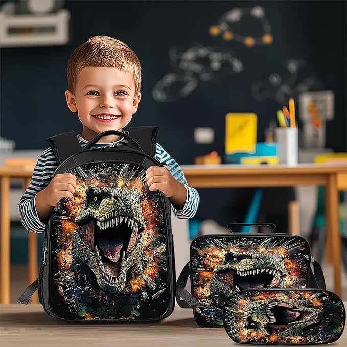 Dinosaur Backpack Set 3 Piece School Bags and Lunch Box with Pencil Case Black Dino Cool Bookbag Set for Toddler Kids Girls Boys Teens Kindergarten Elementary Middle