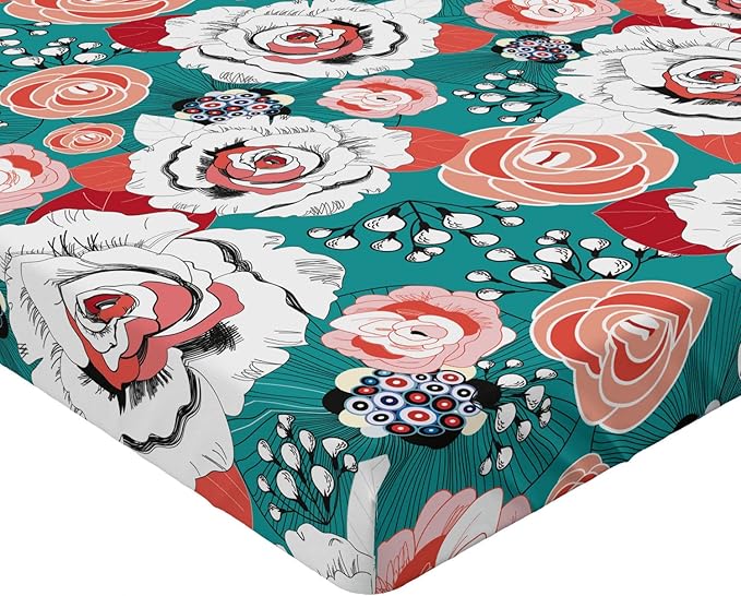 Ambesonne Floral 2 Pack Fitted Sheet, Colorful Flower Arrangements, Bed Cover All-Round Elastic Deep Pockets 2 Pieces, Package Contains 2 Queen Size Fitted Sheets, Dark Seafoam Multicolor
